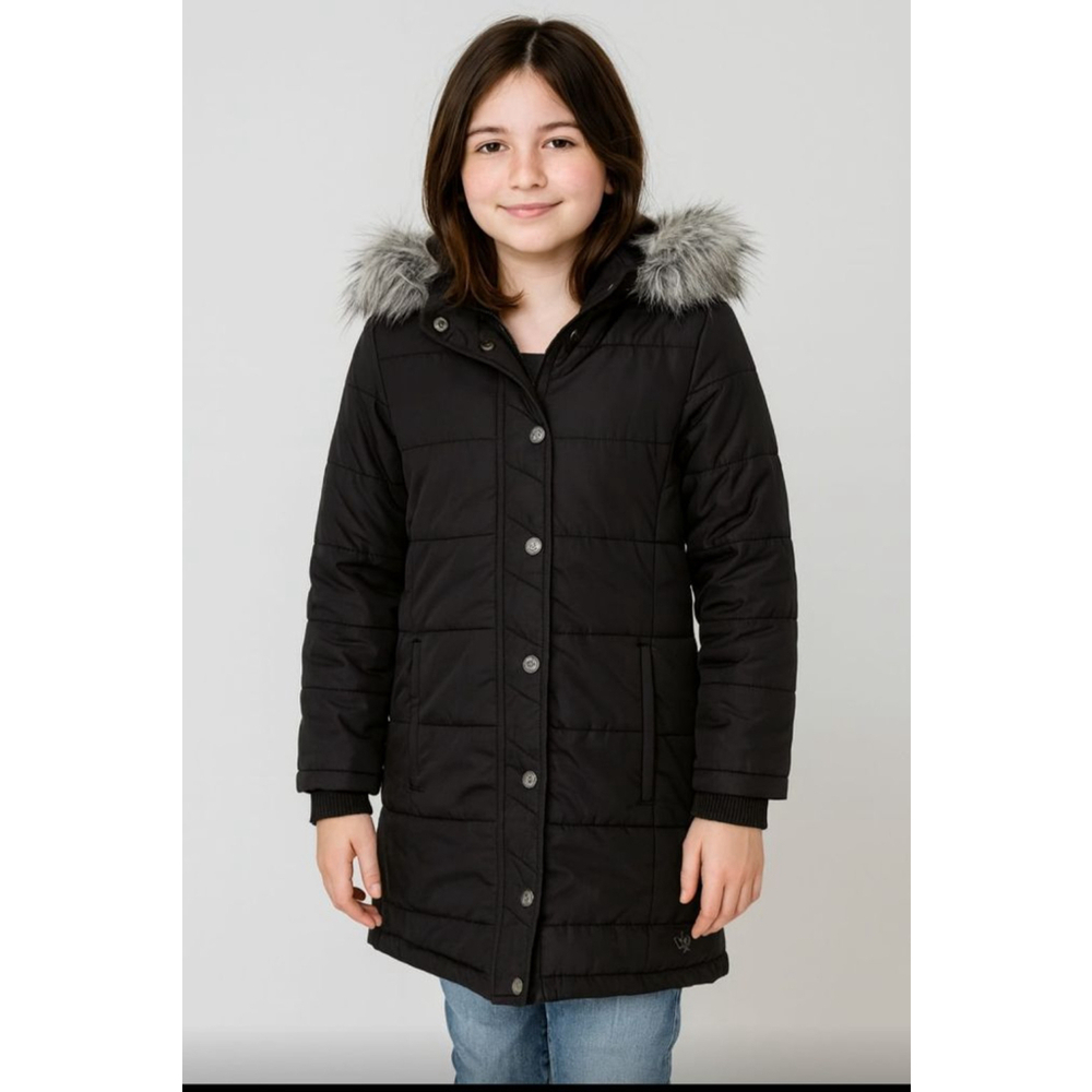 Girls Justice Black Puffer Jacket with Gray Faux Fur Hood M